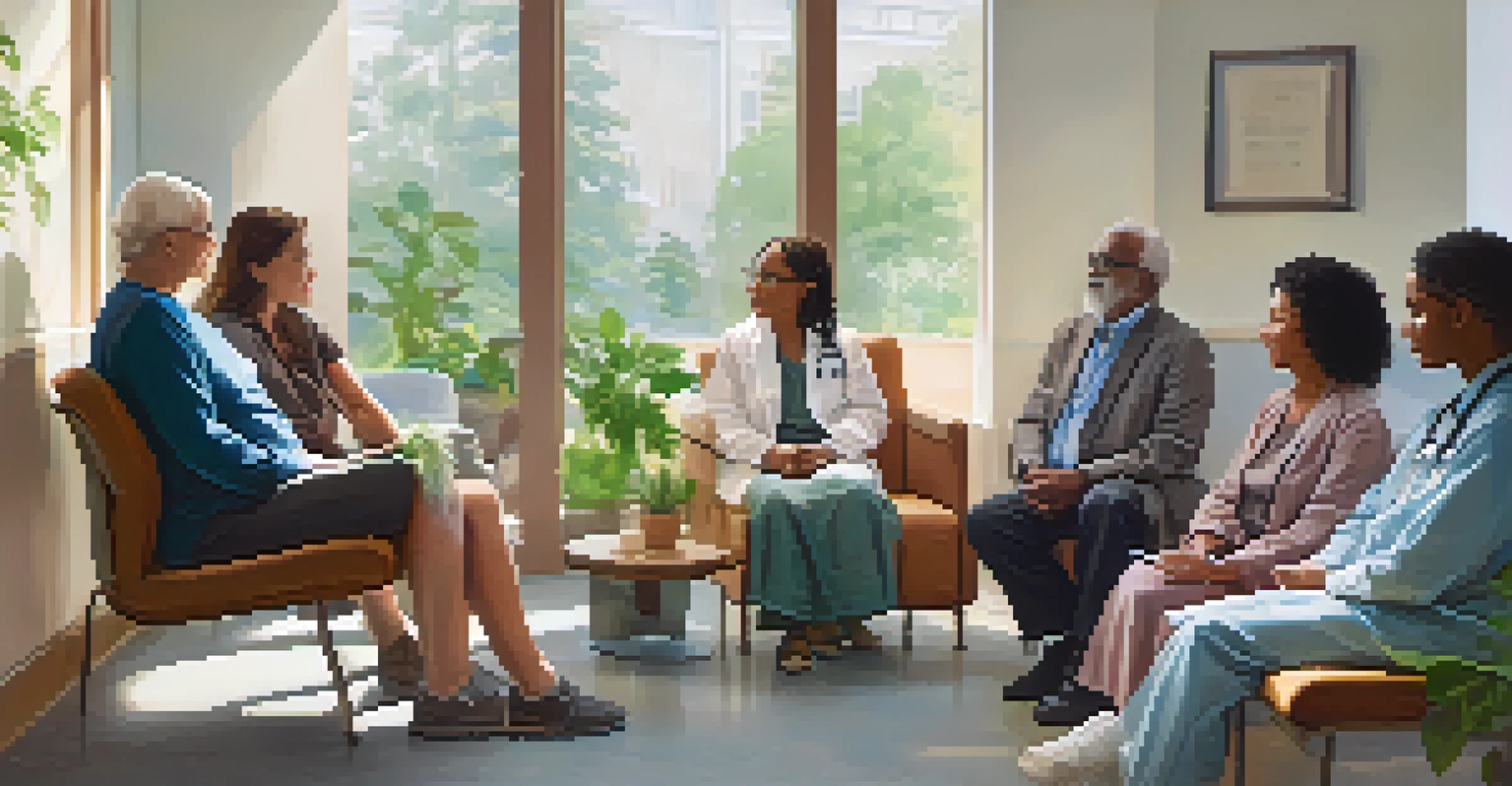 A group of diverse patients discussing their participation in a clinical trial with a healthcare professional in a welcoming setting.