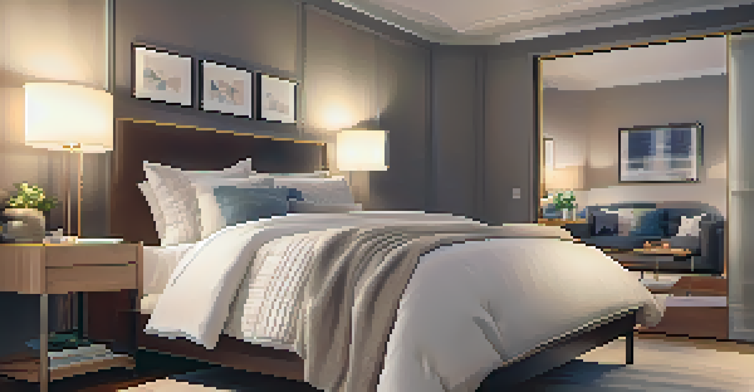 An elegant bedroom with a sleep tracker on a bedside table, a cozy bed, and soft lighting creating a peaceful atmosphere.
