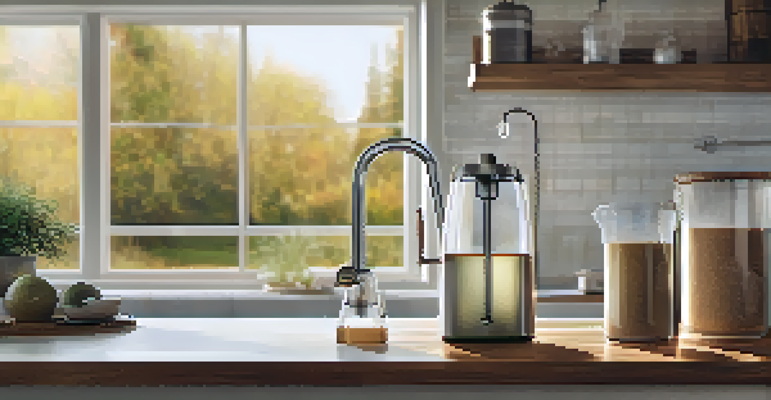 A close-up of a bio-sand filter in a kitchen, with clear water being poured through it.