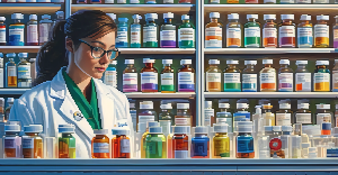 A pharmacist examining pill bottles in a bright pharmacy with organized shelves filled with medications.