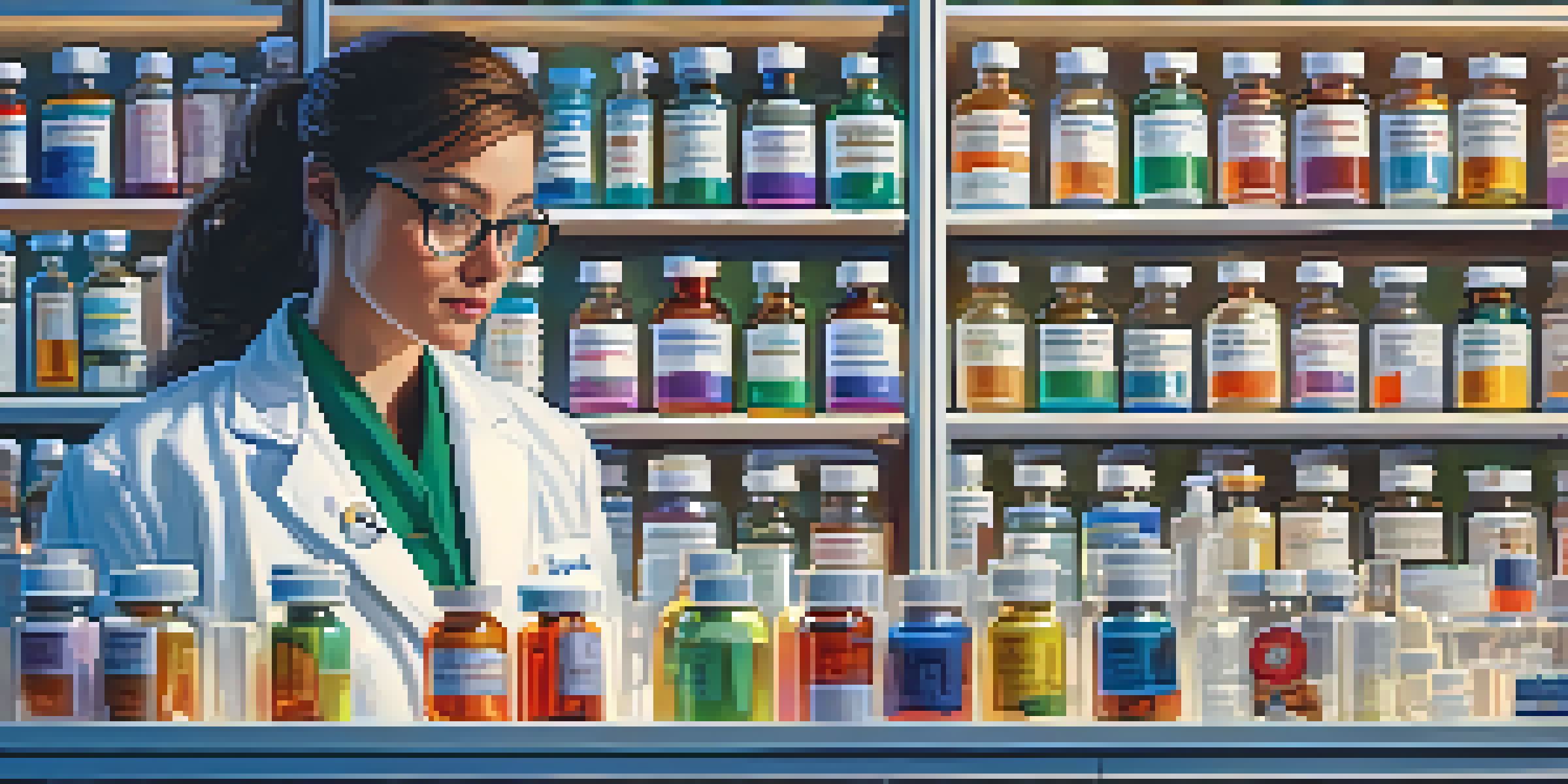 A pharmacist examining pill bottles in a bright pharmacy with organized shelves filled with medications.