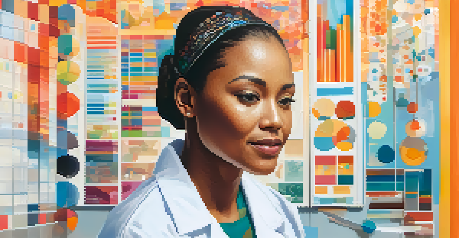 An illustration of a patient receiving personalized treatment, with abstract shapes symbolizing data analytics and diverse demographics in a warm color palette.