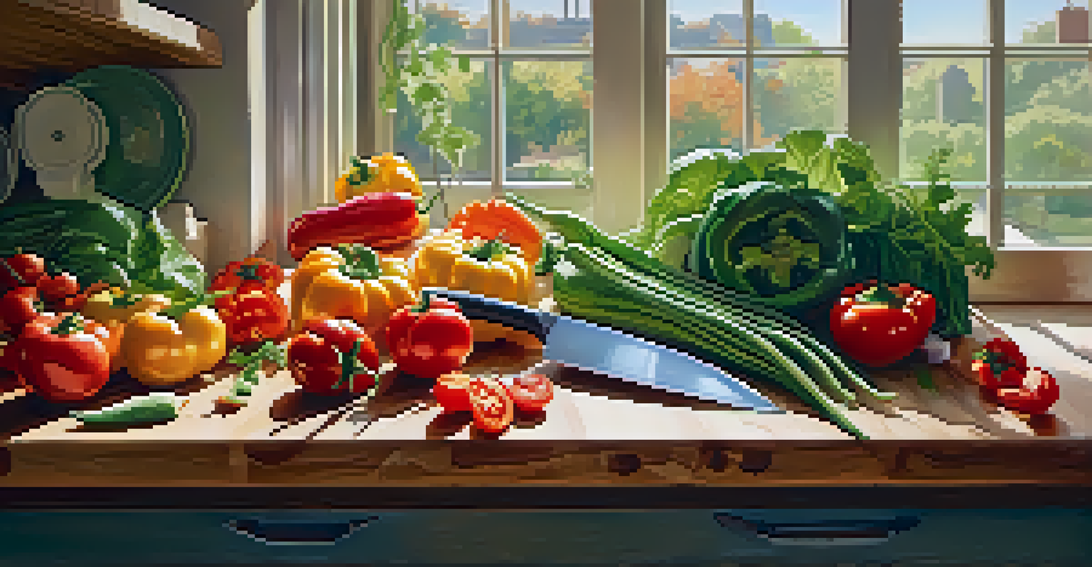 A vibrant kitchen with fresh vegetables on a wooden countertop and sunlight streaming in from a window.