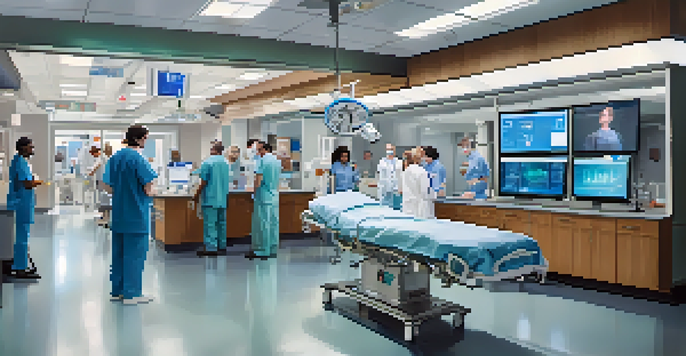 A diverse group of healthcare professionals working in a busy emergency department, with a patient on a stretcher and medical equipment around.