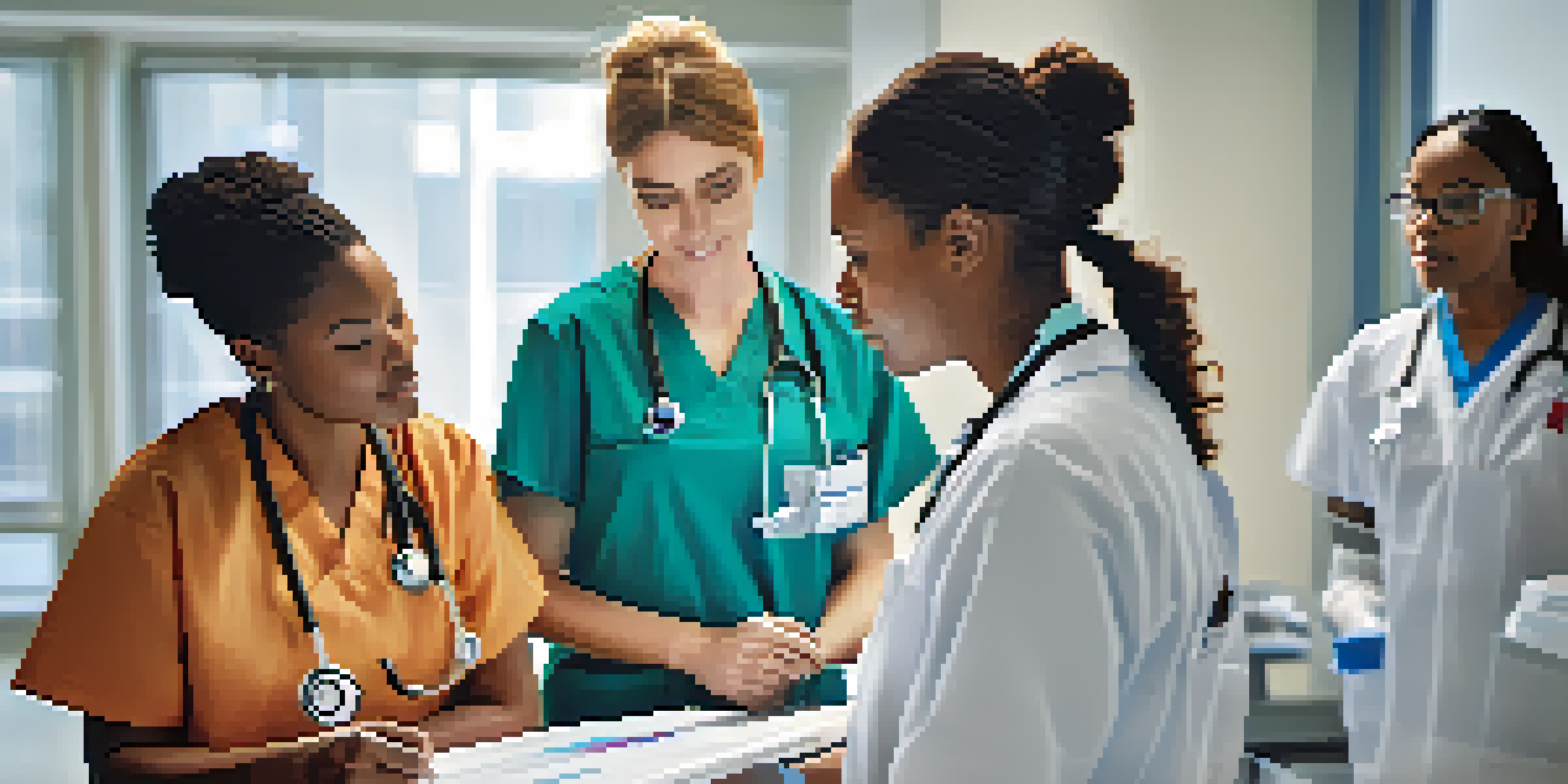 A diverse healthcare team discussing patient safety in a well-lit hospital room.