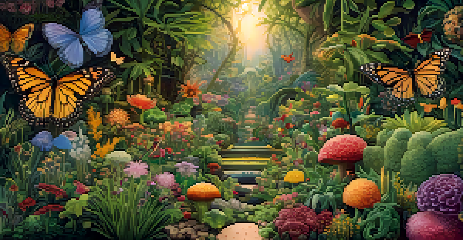 A creative depiction of a gut microbiome as a vibrant garden filled with colorful plants and microorganisms, illuminated by warm light.