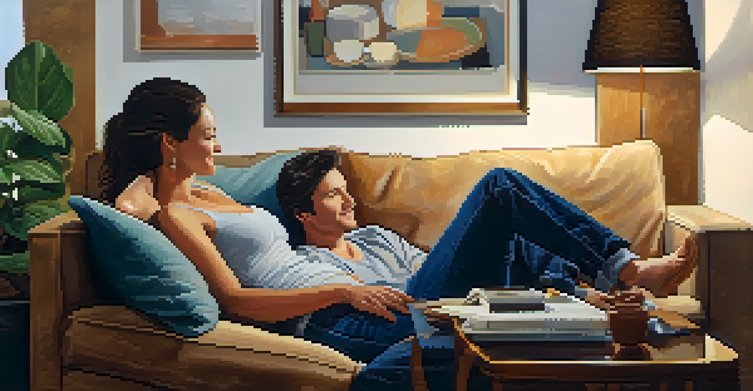 A couple sitting on a couch in a cozy living room, engaged in a heartfelt conversation, showcasing openness and support.
