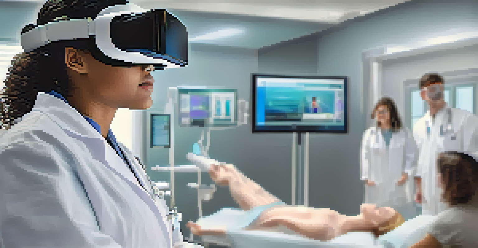 A medical student using virtual reality goggles to interact with a virtual patient in a high-tech training environment.