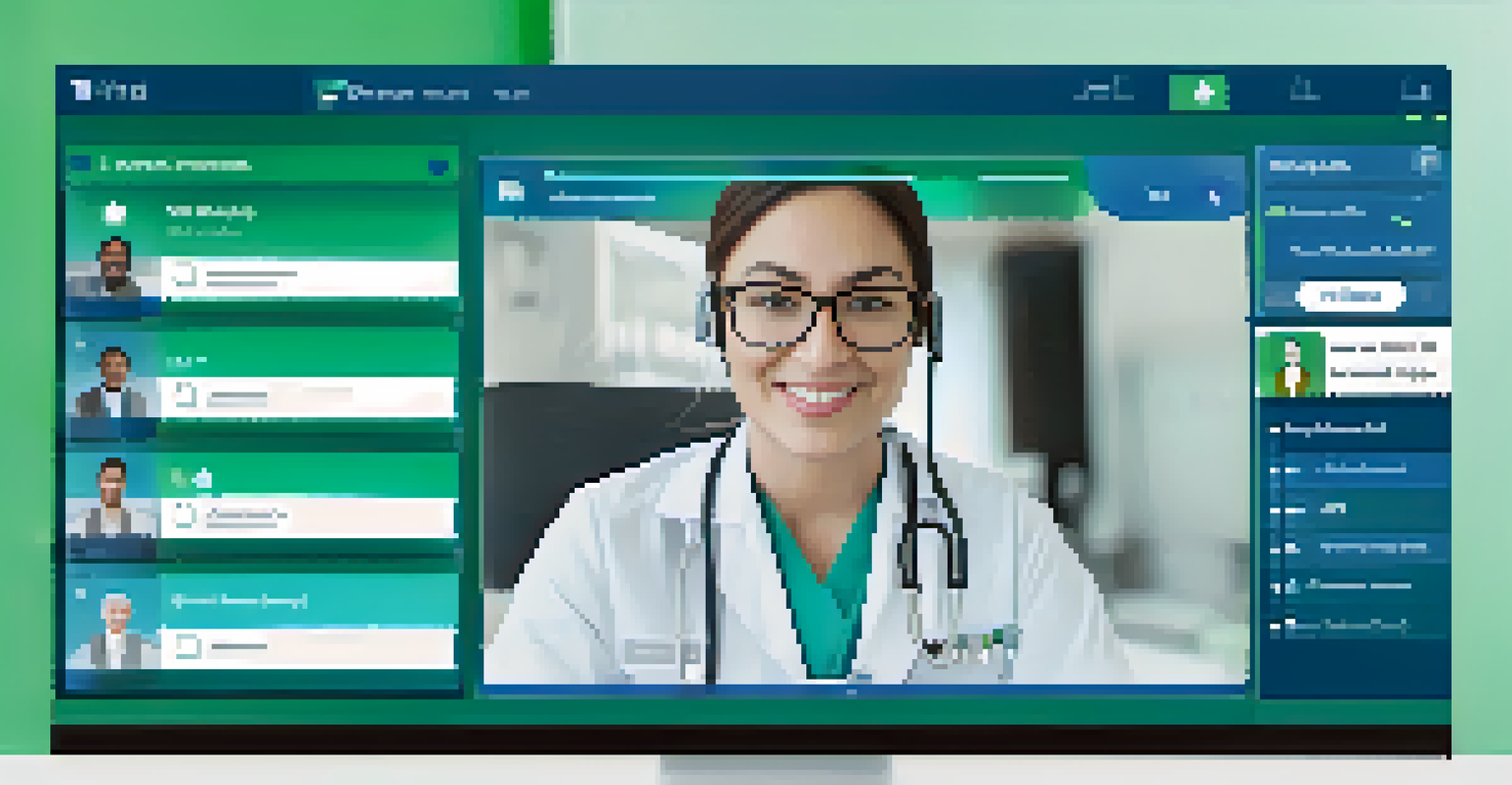 A close-up view of a telehealth platform interface showing a video call between a healthcare provider and a patient.