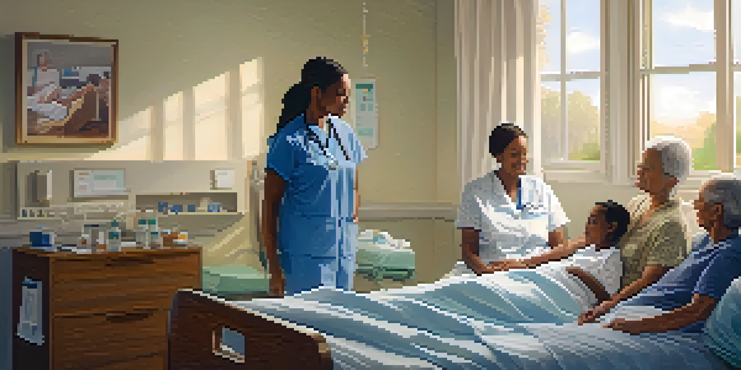 A peaceful hospital room with a patient in bed and family members surrounding them, conveying warmth and support.