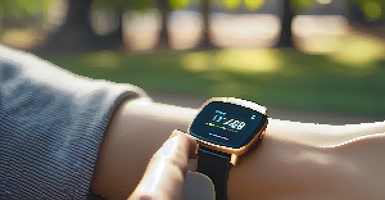 A smartwatch shows health metrics in a sunny park, promoting an active and health-conscious lifestyle.