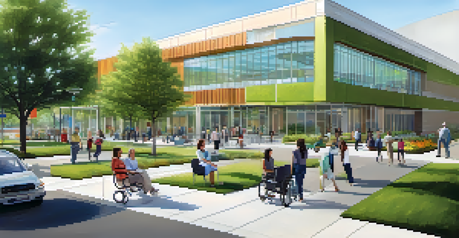 A modern healthcare facility in an urban area with accessible entrances and green spaces surrounding it.