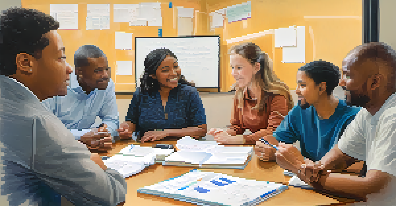 A diverse group of community members discussing health policies around a table with notes and diagrams in the background.