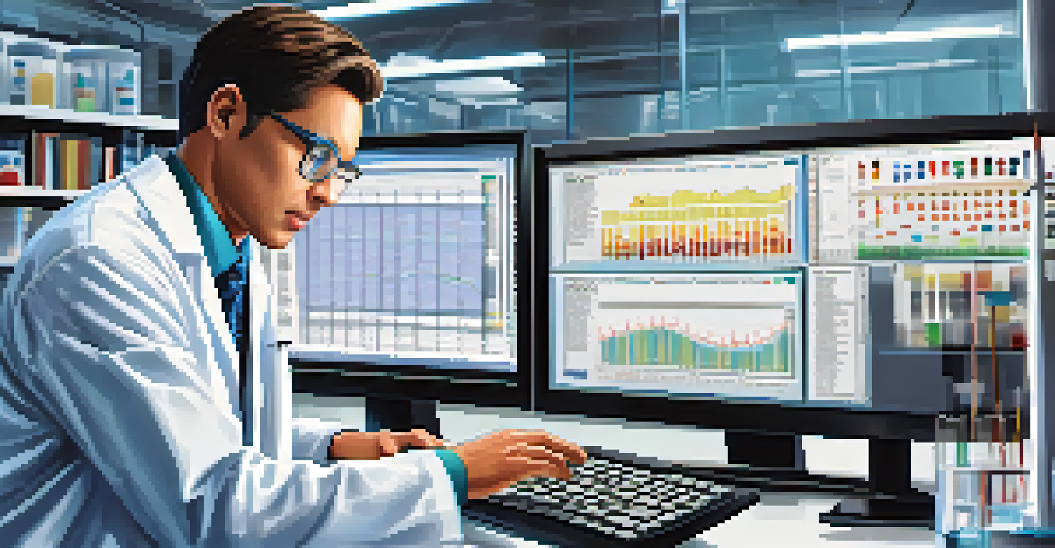 A scientist in a lab coat analyzing statistical data on a computer screen filled with graphs in a modern laboratory.