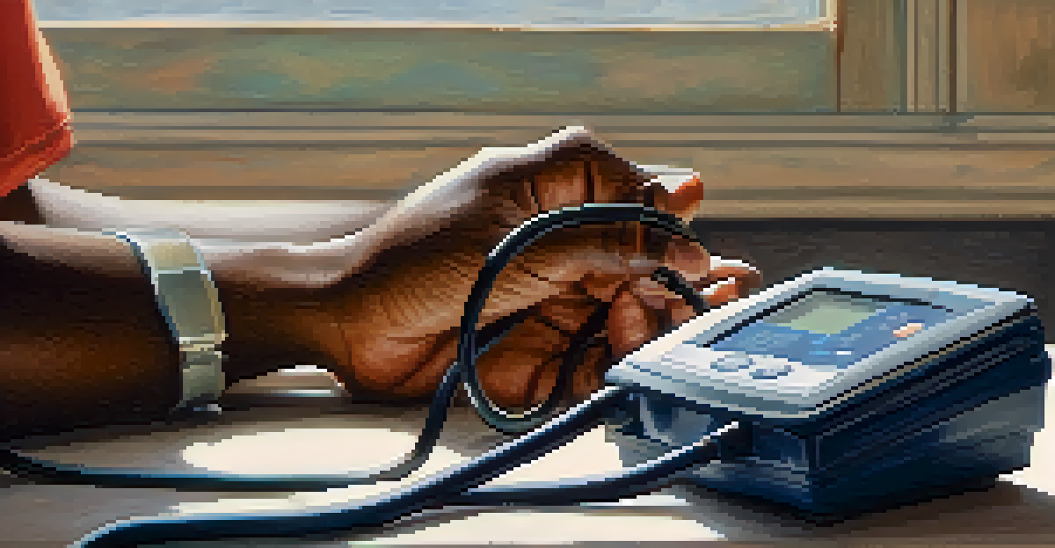 Close-up of a community health worker's hands demonstrating the use of a blood pressure monitor, with natural light illuminating the scene.