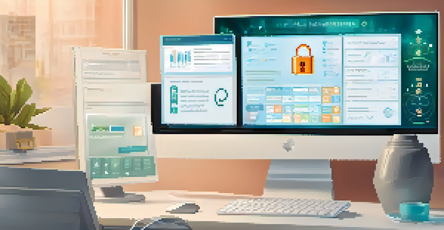 A computer screen showcasing a secure digital health record interface with cybersecurity symbols in a cozy office setting.