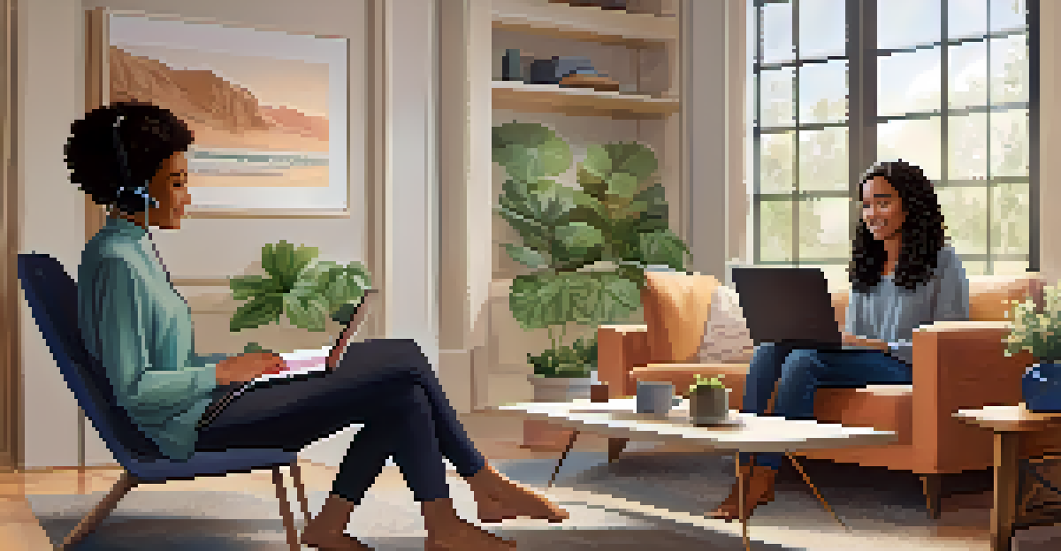 A young woman having a telehealth session with a therapist on her laptop in a cozy living room.