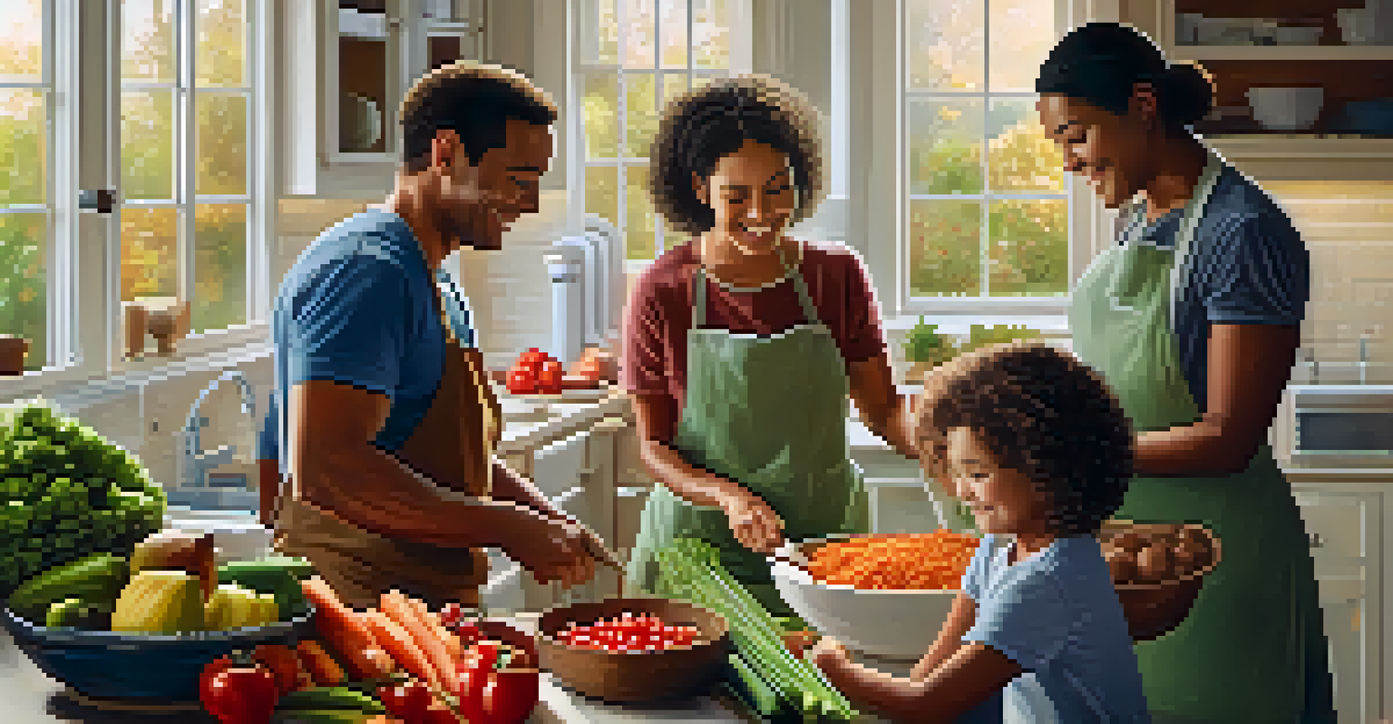 A family happily cooking a healthy meal together in a warm, inviting kitchen, surrounded by fresh ingredients.