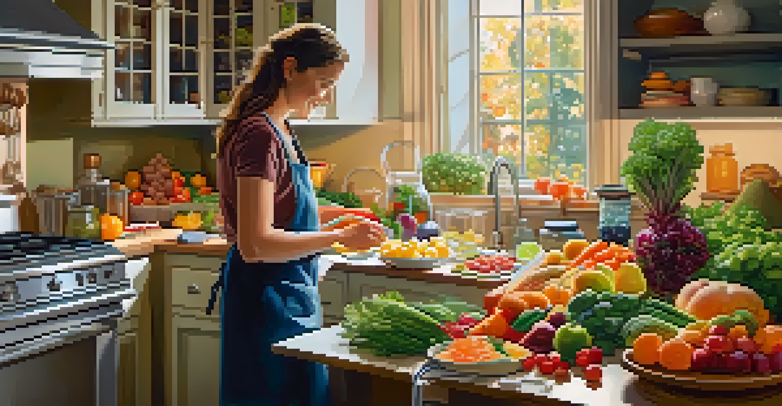A nutritionist happily preparing a healthy meal with colorful fruits and vegetables in a warm kitchen.