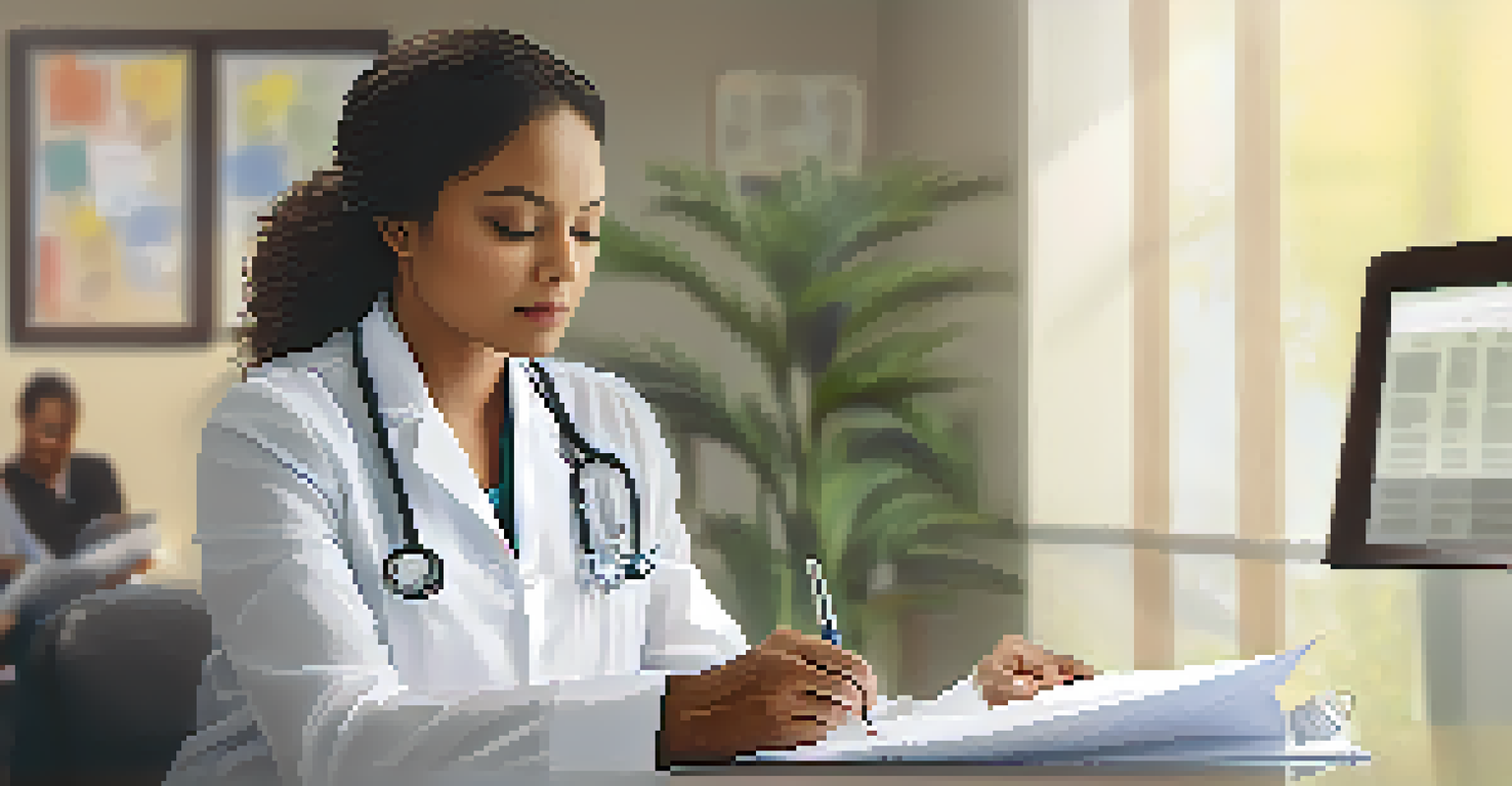 A focused healthcare leader of diverse ethnicity reviewing patient care documents in a warm, inviting office.