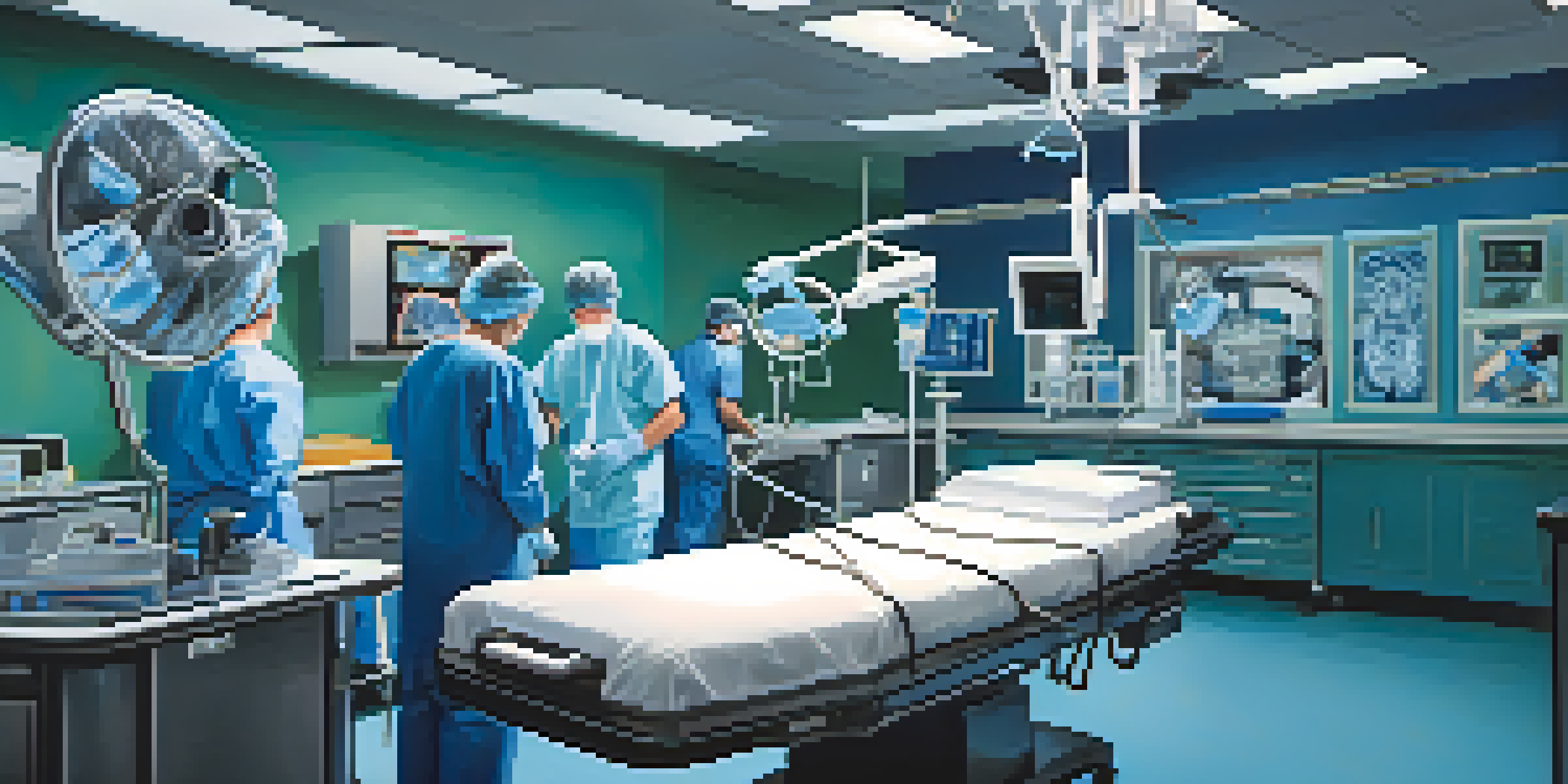 A surgeon in a surgical room performing a laparoscopic appendectomy, with surgical instruments and monitors in the background.