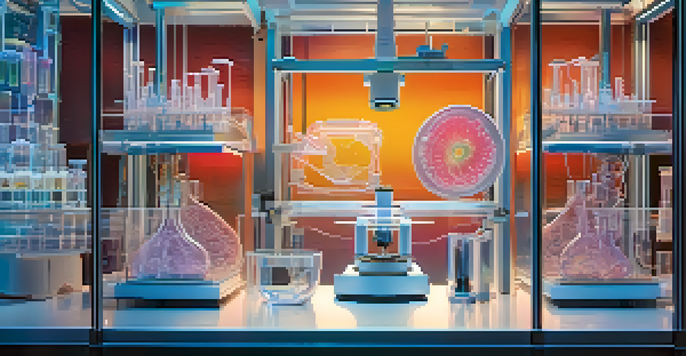 A high-tech laboratory with scientists working on a 3D bioprinter creating a model of a human organ, showcasing vibrant colors and soft lighting.