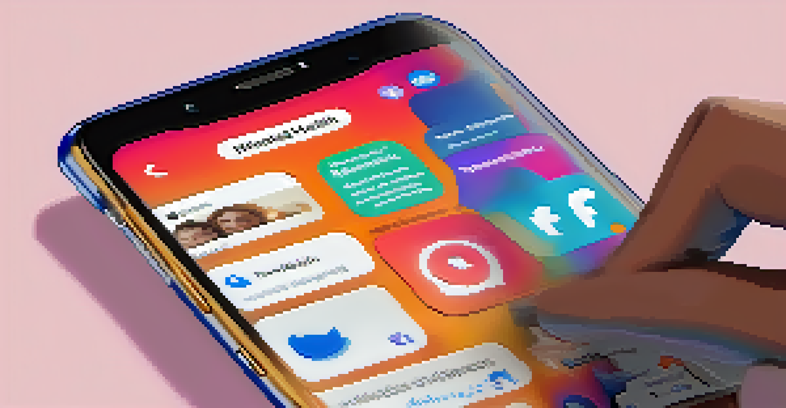 A close-up of a smartphone showing a social media campaign on mental health awareness, with colorful graphics and a young person in the background.