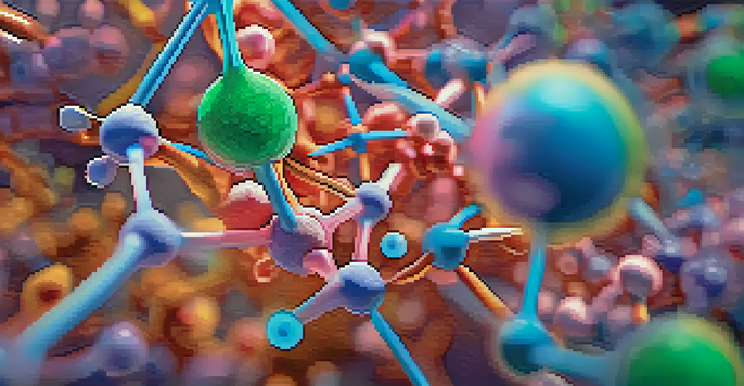 A close-up view of a colorful molecular structure, emphasizing the components involved in drug delivery, set against a blurred background.