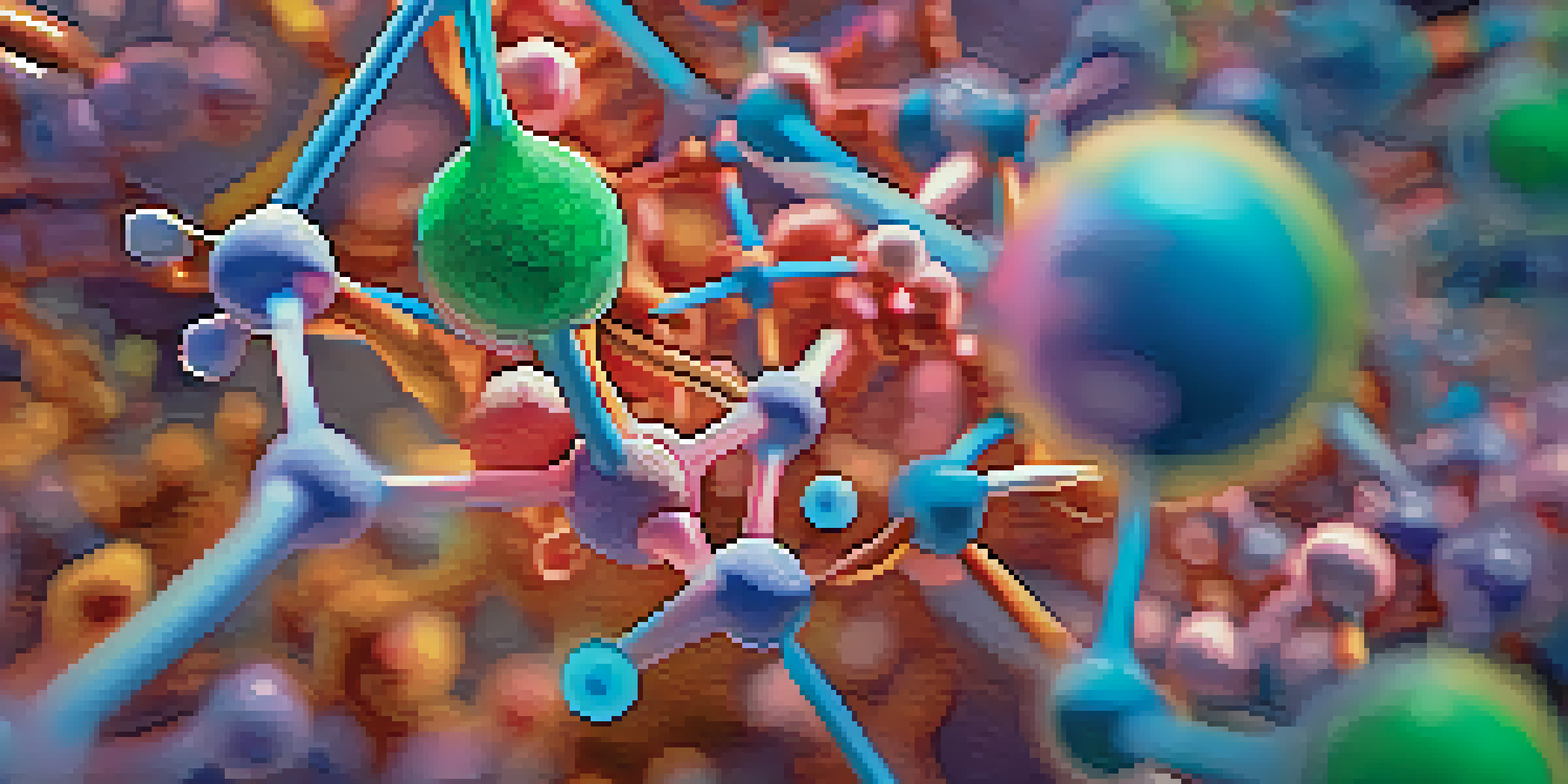 A close-up view of a colorful molecular structure, emphasizing the components involved in drug delivery, set against a blurred background.