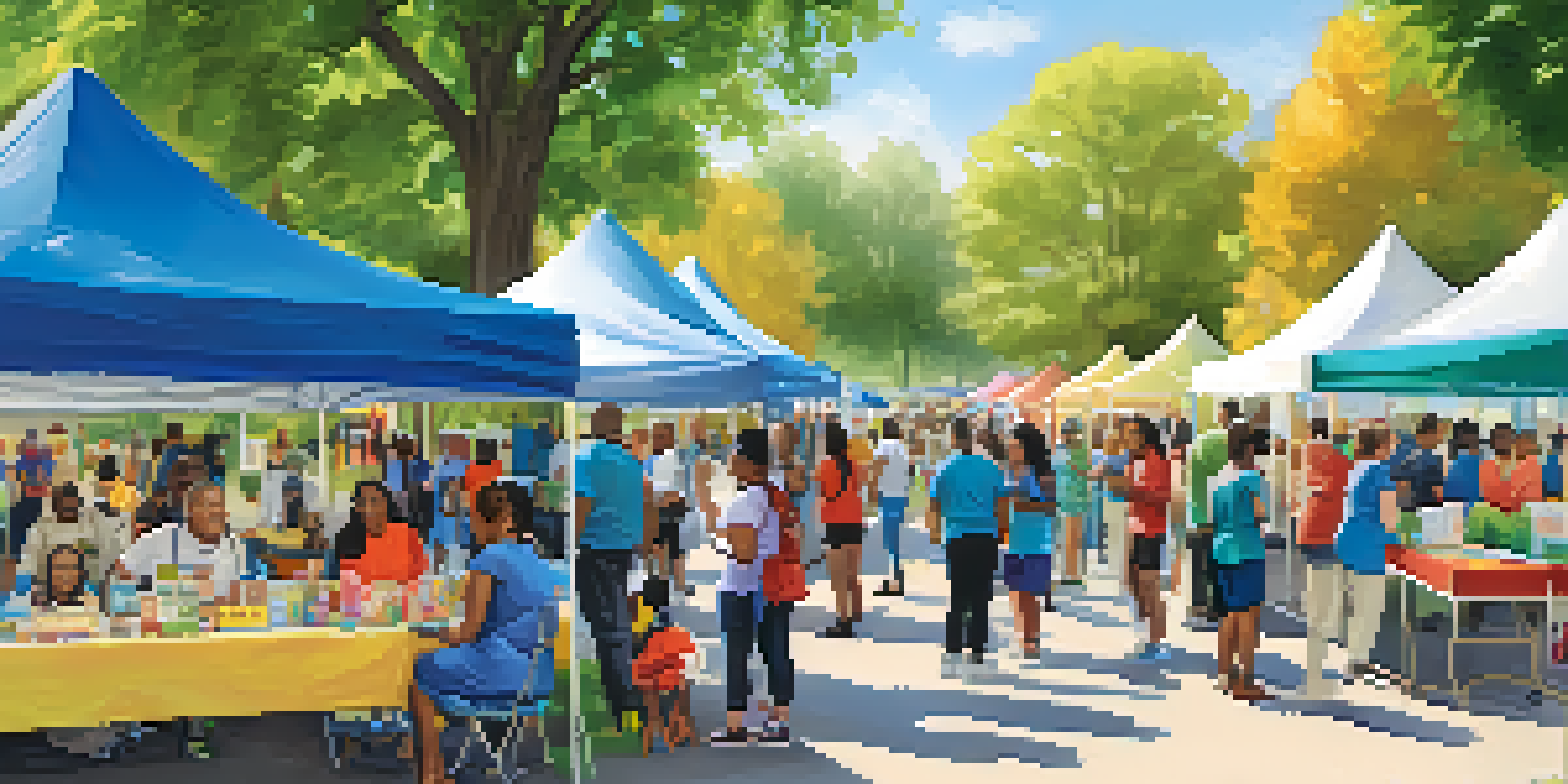A community health fair in a sunny park with diverse families engaging in health activities and information booths.