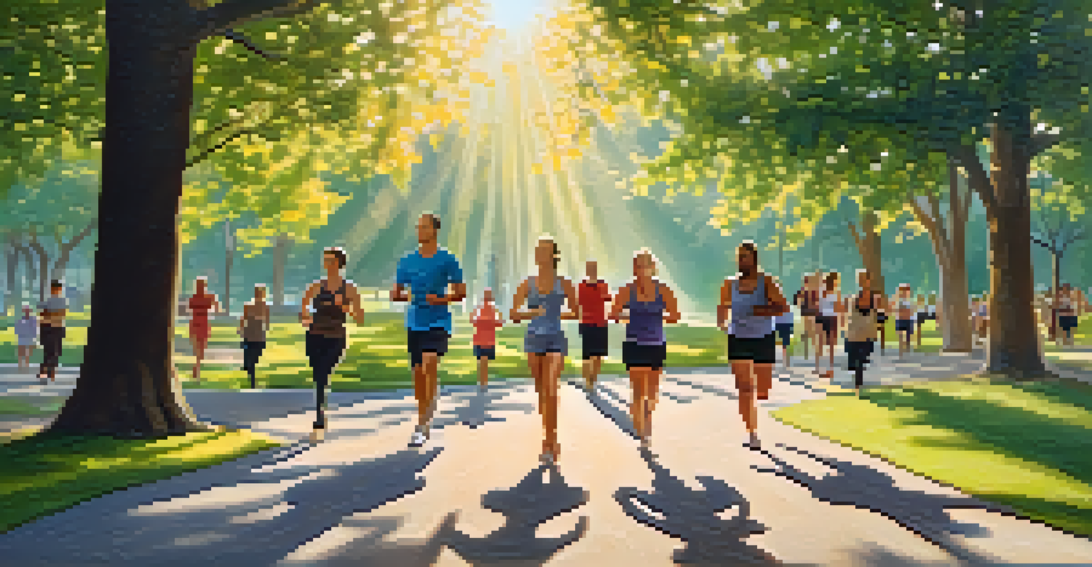 A diverse group of people exercising outdoors in a park, enjoying activities like jogging and yoga under sunlight.