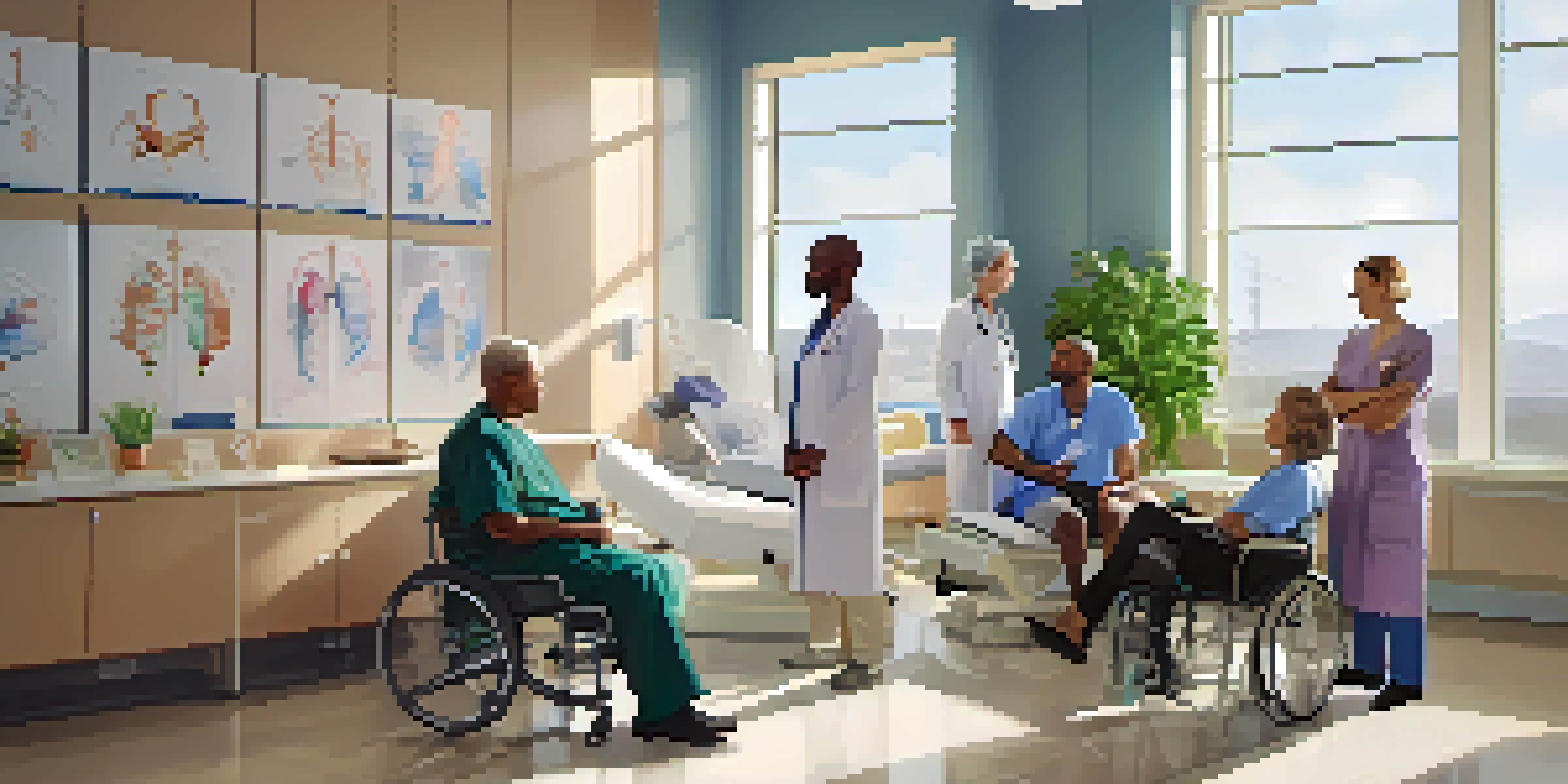 A diverse group of cancer patients discussing with a healthcare professional in a bright hospital room filled with natural light.