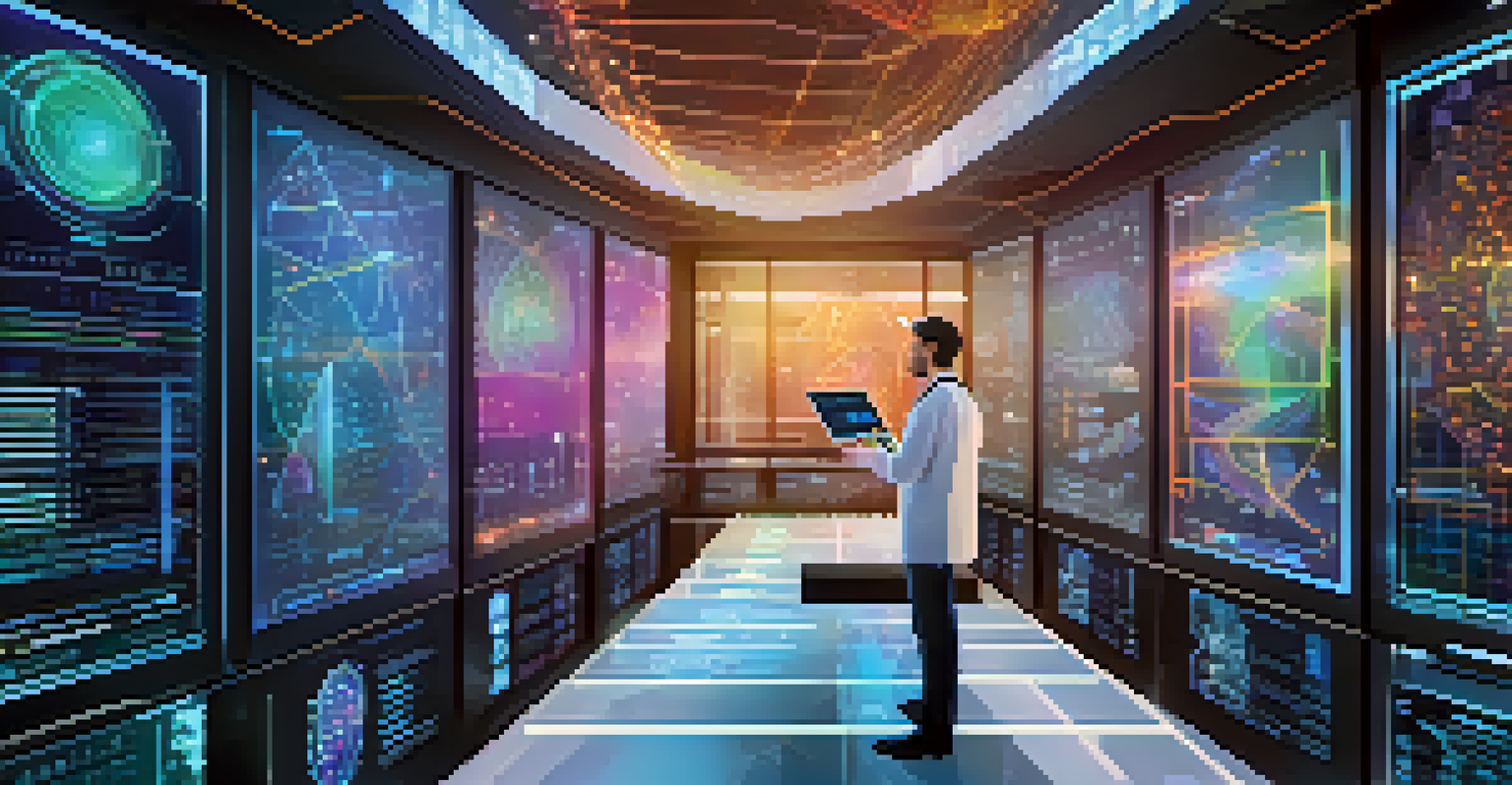 A scientist in a high-tech lab analyzing genetic data on a holographic display, with colorful graphs and sequences illuminated around him.