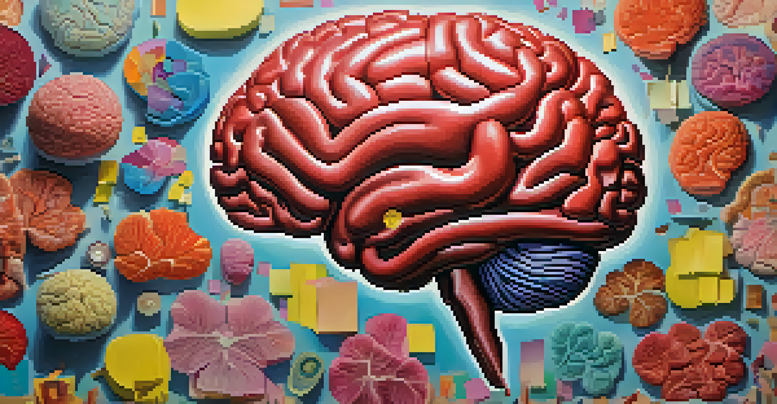 An illustrated human brain with a highlighted hippocampus and visual representations of memories surrounding it.