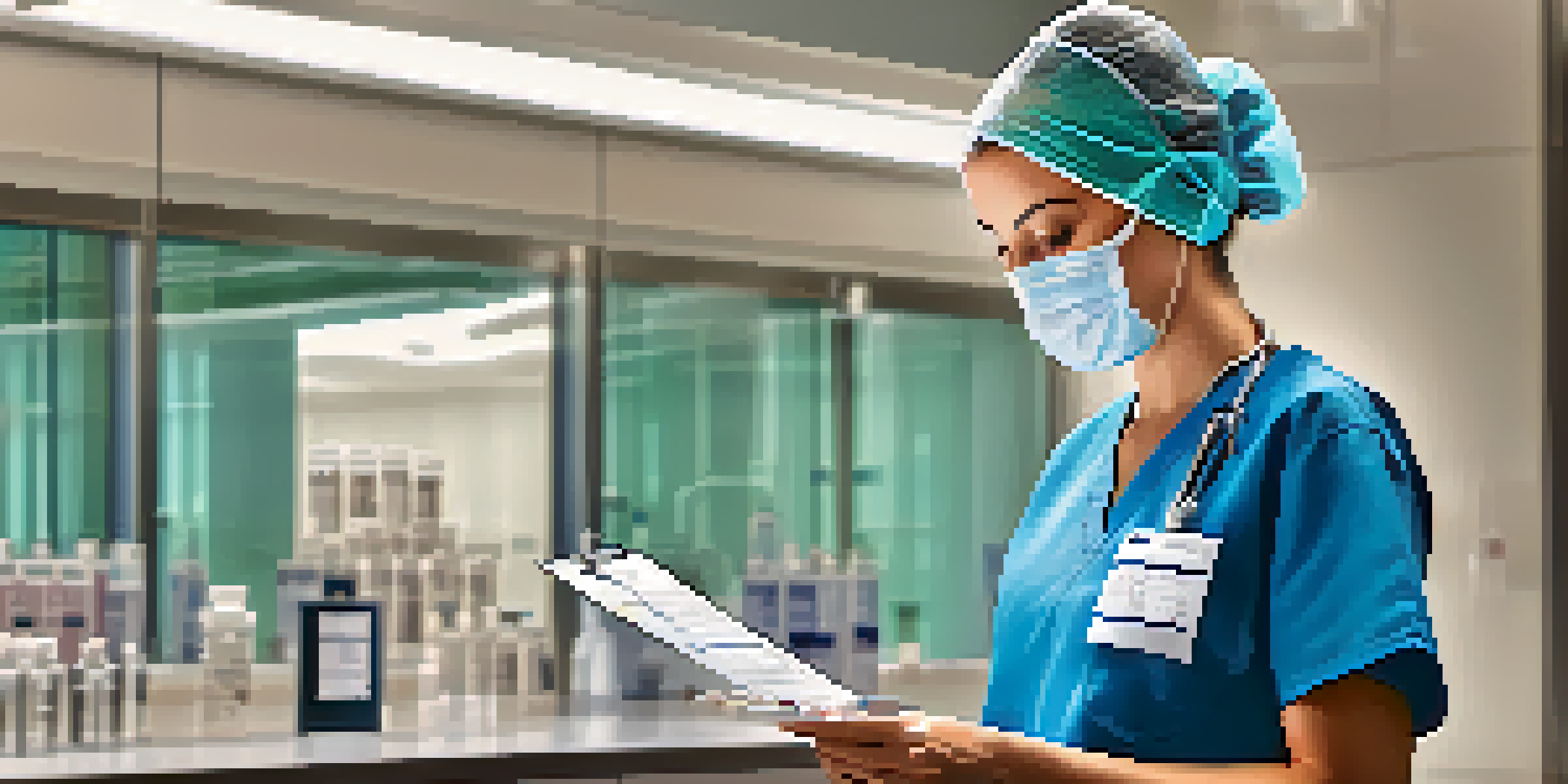 A healthcare worker reviewing a medication chart in a hospital, with neatly arranged medication vials in a well-lit environment.