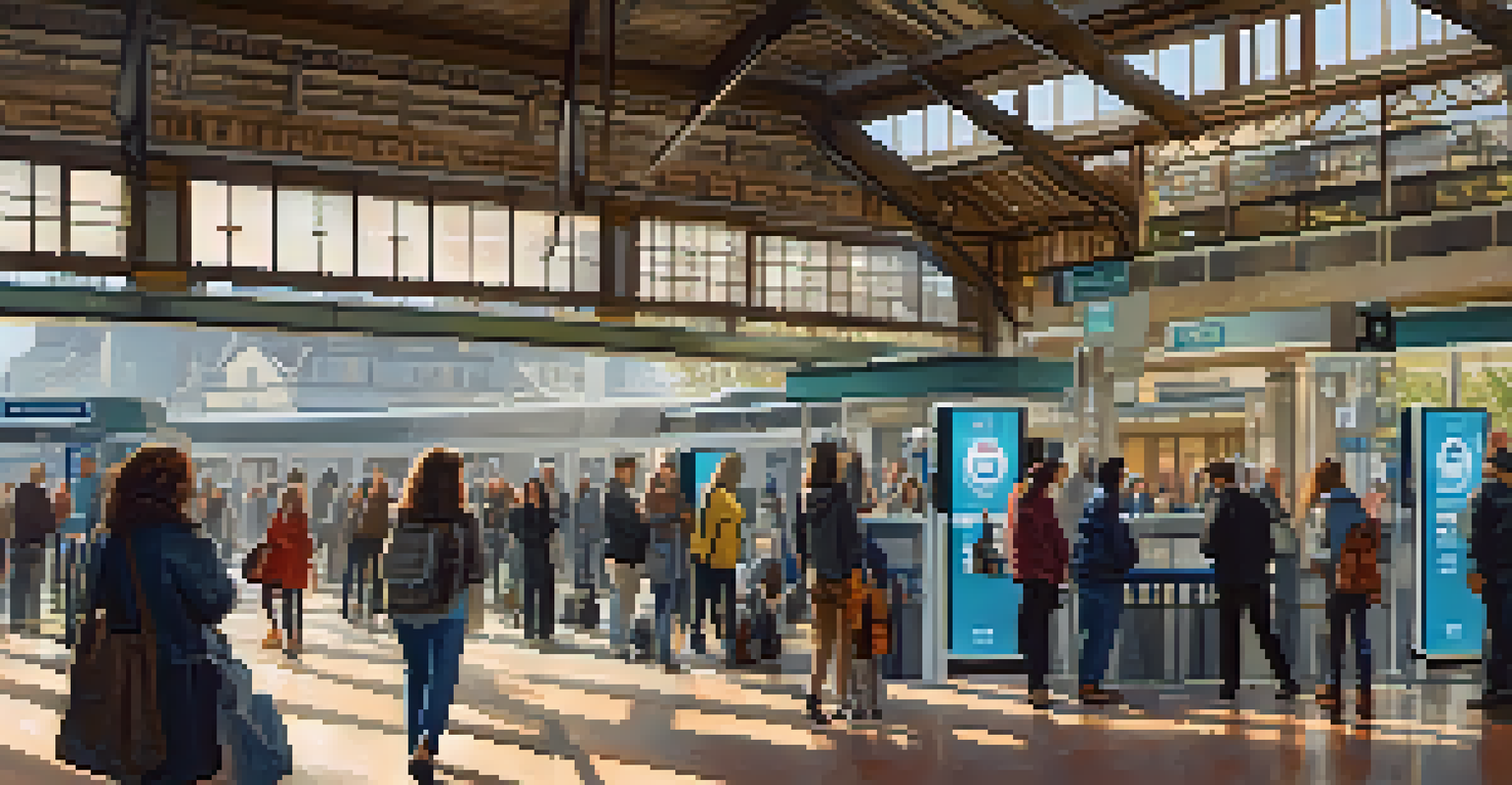 A busy train station with a hand sanitizer station, showcasing people practicing hand hygiene.