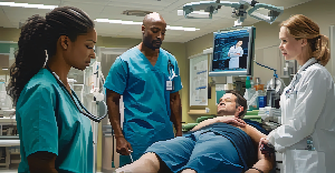 A diverse team of healthcare professionals, including a physician, nurse, and paramedic, collaborating in an emergency room setting.