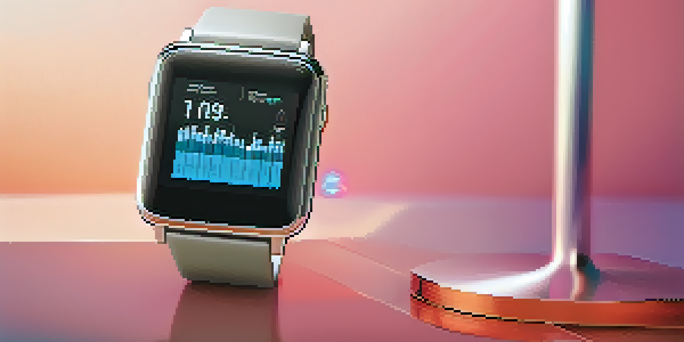 A smartwatch showing health data like heart rate on a modern background.