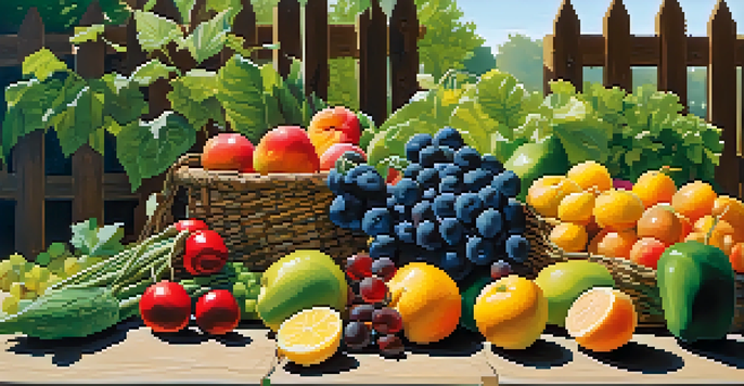 A vibrant garden filled with colorful fruits and vegetables under sunlight, with a wooden fence in the background.