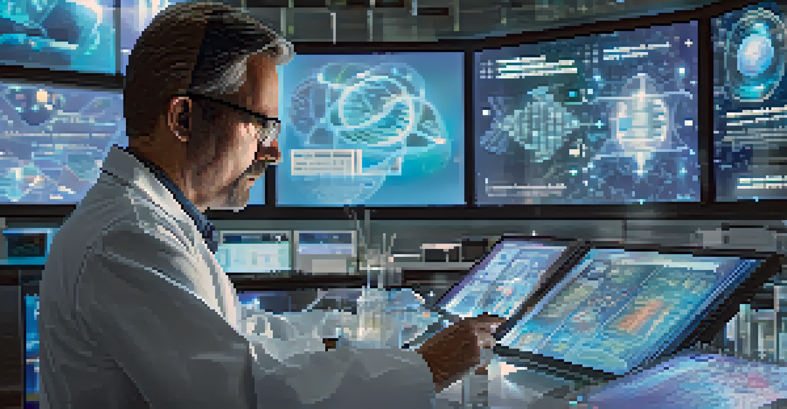 A scientist working with advanced technology in drug development, surrounded by holographic images and digital screens.