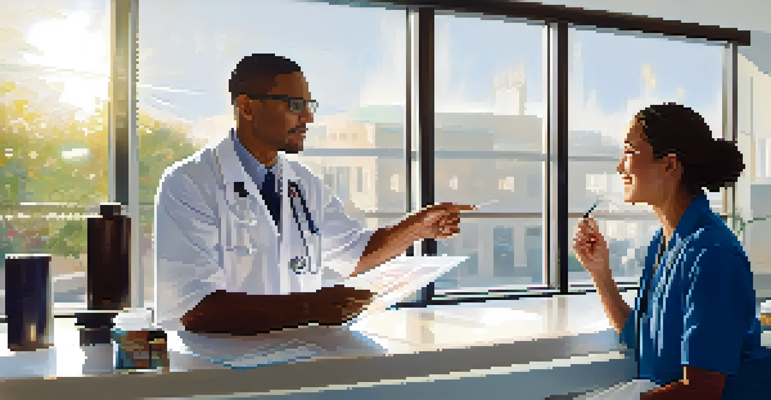 A healthcare professional discussing medication with a patient in a bright clinic.