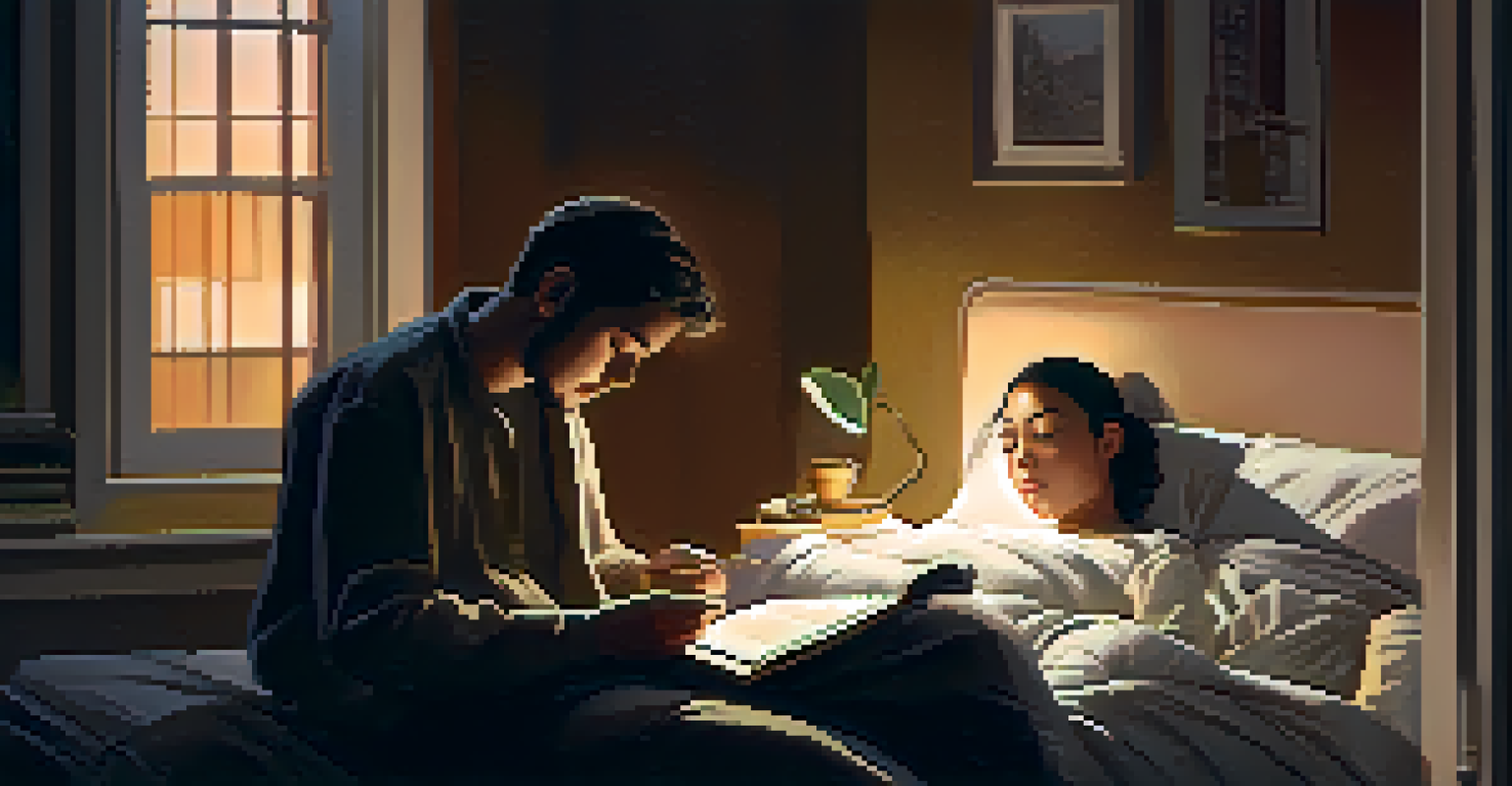 A person relaxing in a peaceful room, reading a book and enjoying herbal tea, promoting good sleep hygiene.