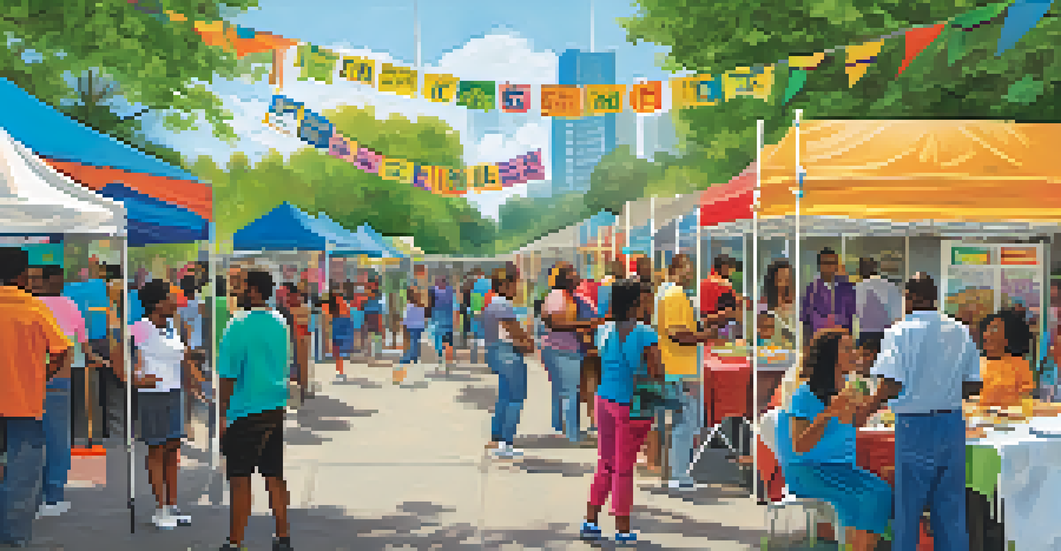 A lively community health fair with people engaging in wellness activities and workshops, promoting mental health awareness.