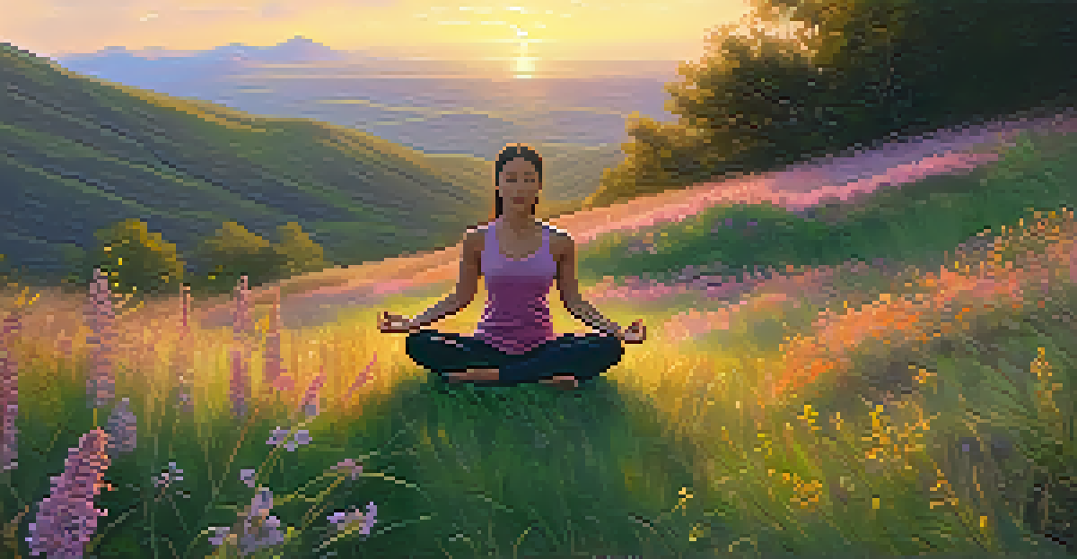 A person practicing yoga on a grassy hill during sunset, with wildflowers around and a colorful sky.