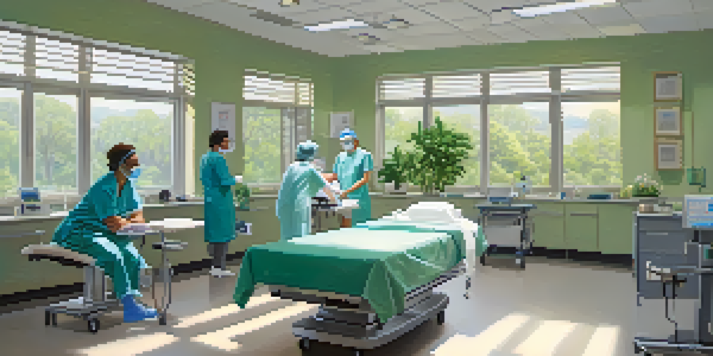 A surgeon in scrubs discussing a surgical procedure with a diverse group of patients and families in a bright hospital room.