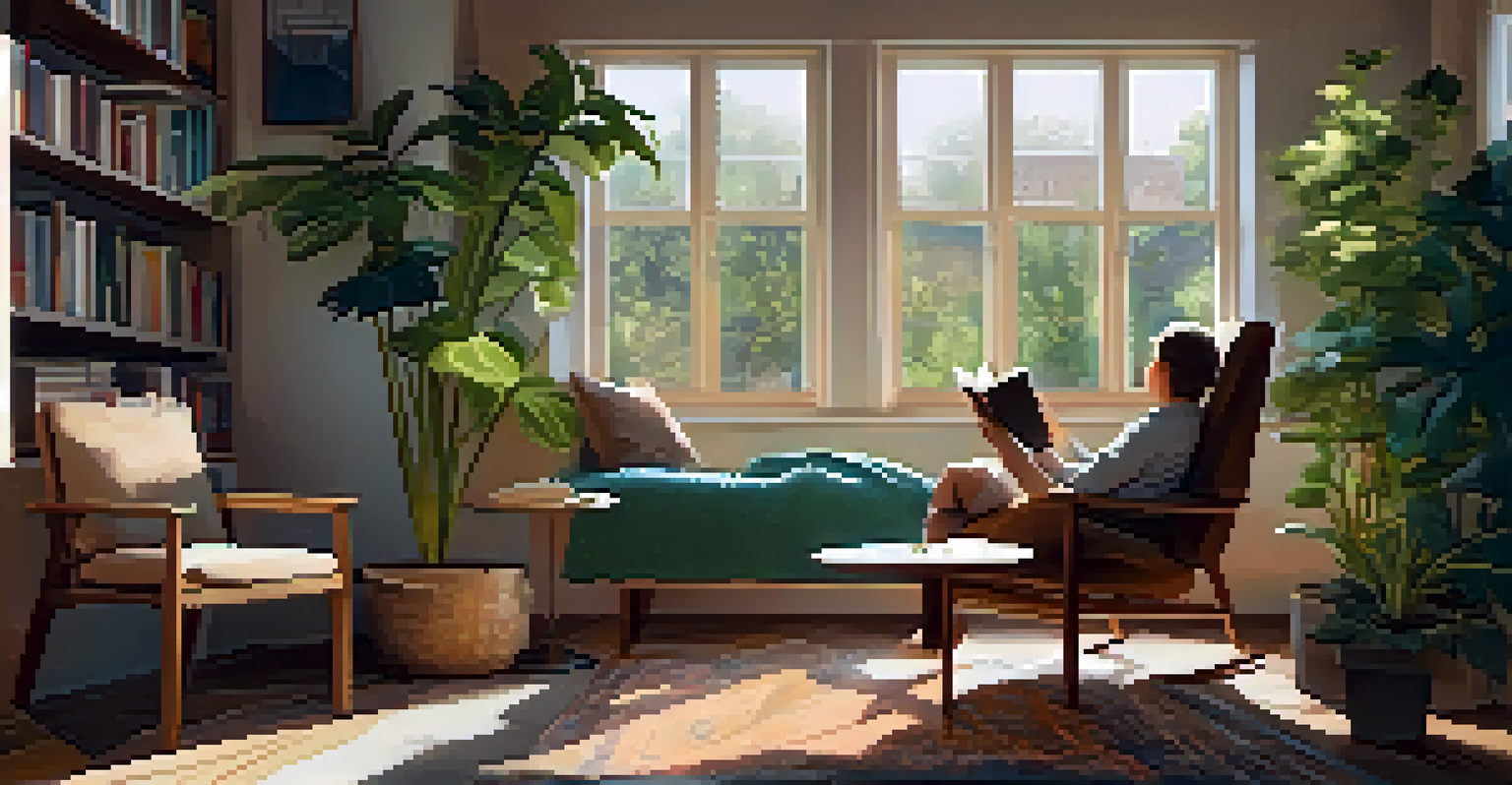 A person reading in a cozy nook surrounded by plants, with a cup of tea and a warm blanket.