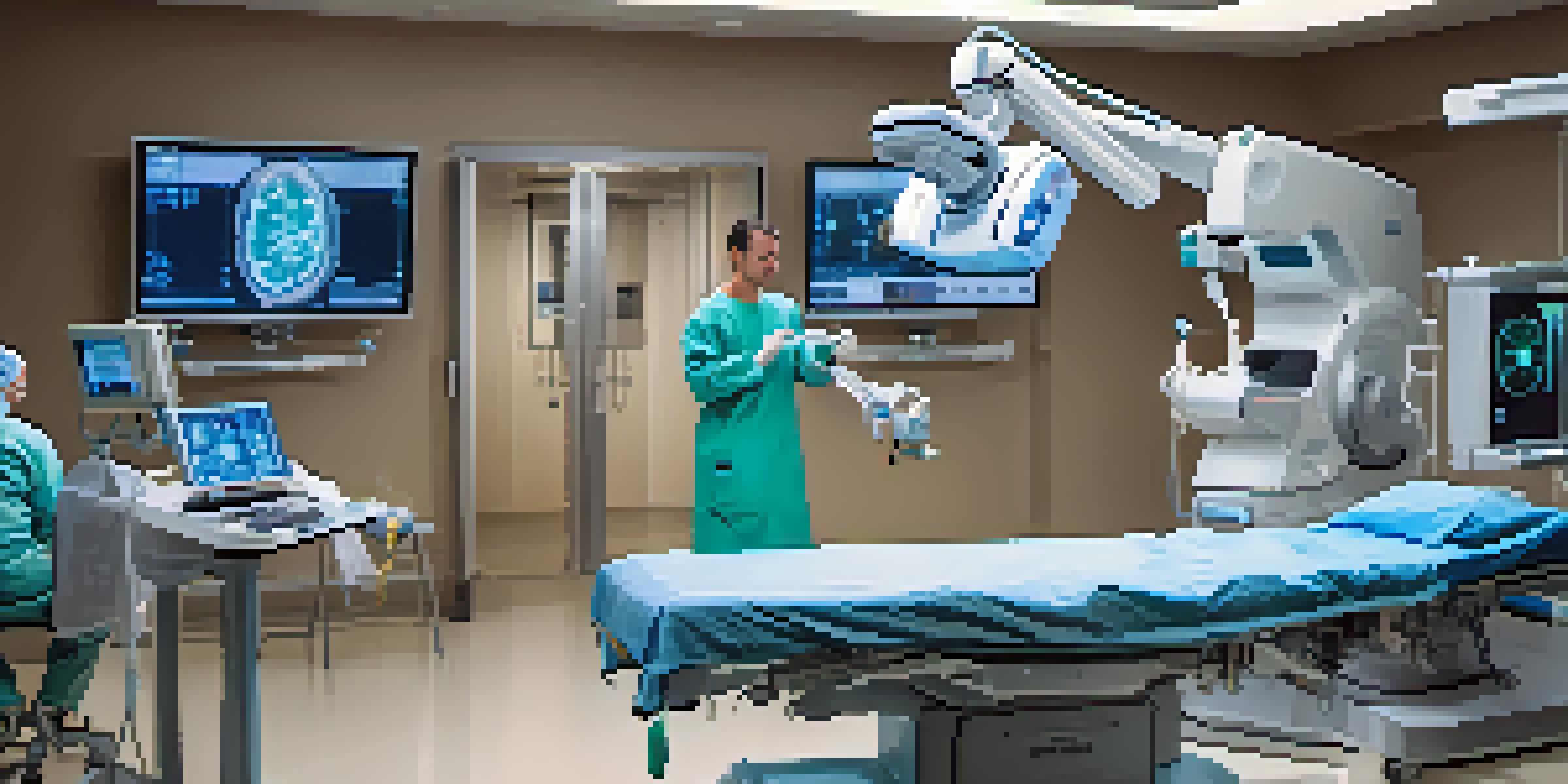 A surgeon in scrubs operating alongside advanced robotic surgery systems in a bright, modern operating room.