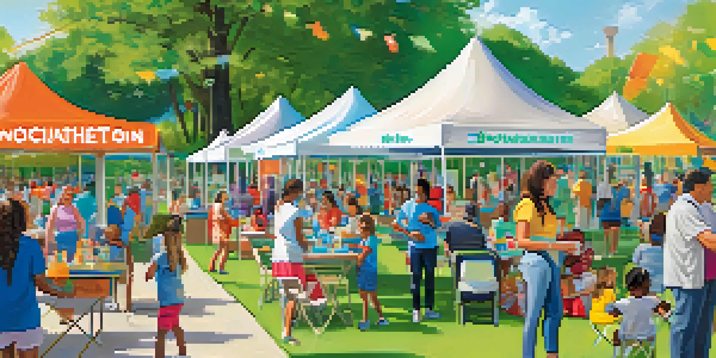 A busy community health fair in a sunny park with families learning about vaccinations at colorful booths, surrounded by greenery and children playing.