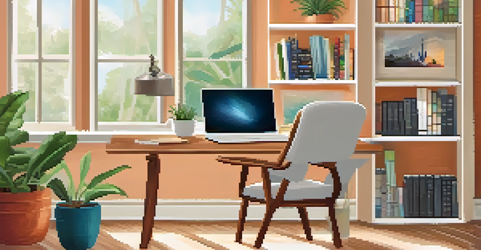 A cozy home office with a laptop, chair, indoor plant, and motivational quotes on the wall, illuminated by natural light.