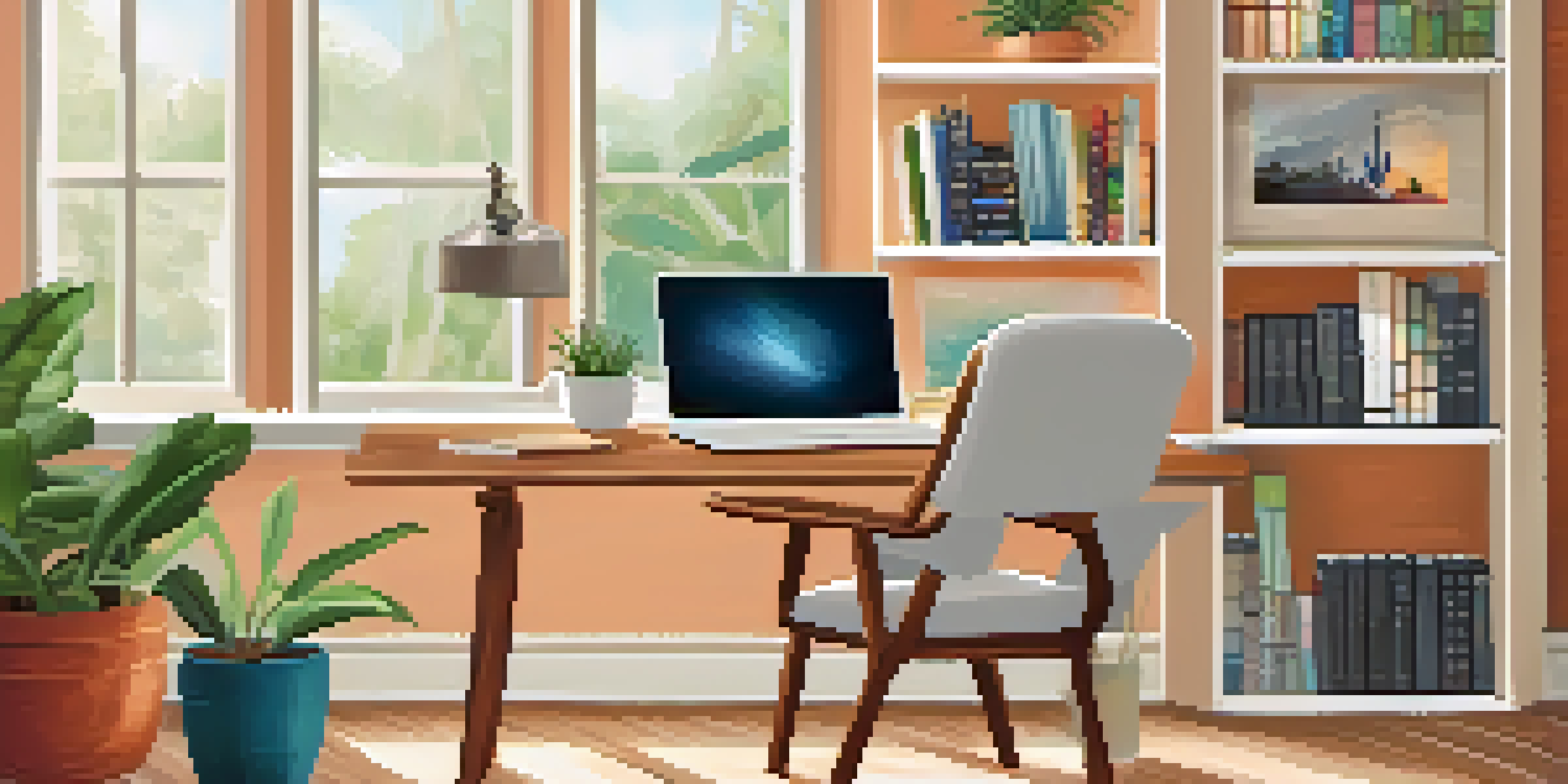 A cozy home office with a laptop, chair, indoor plant, and motivational quotes on the wall, illuminated by natural light.